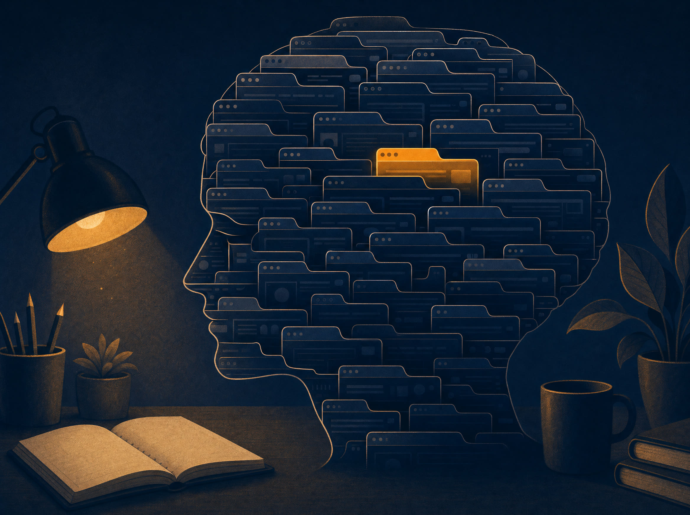 Ilustração do guia: cérebro com abas demais